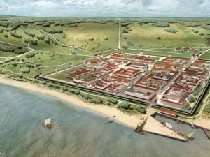 Een afbeelding van hoe de Romeinse stad Ulpia Noviomagus er uit zou hebben gezien. 